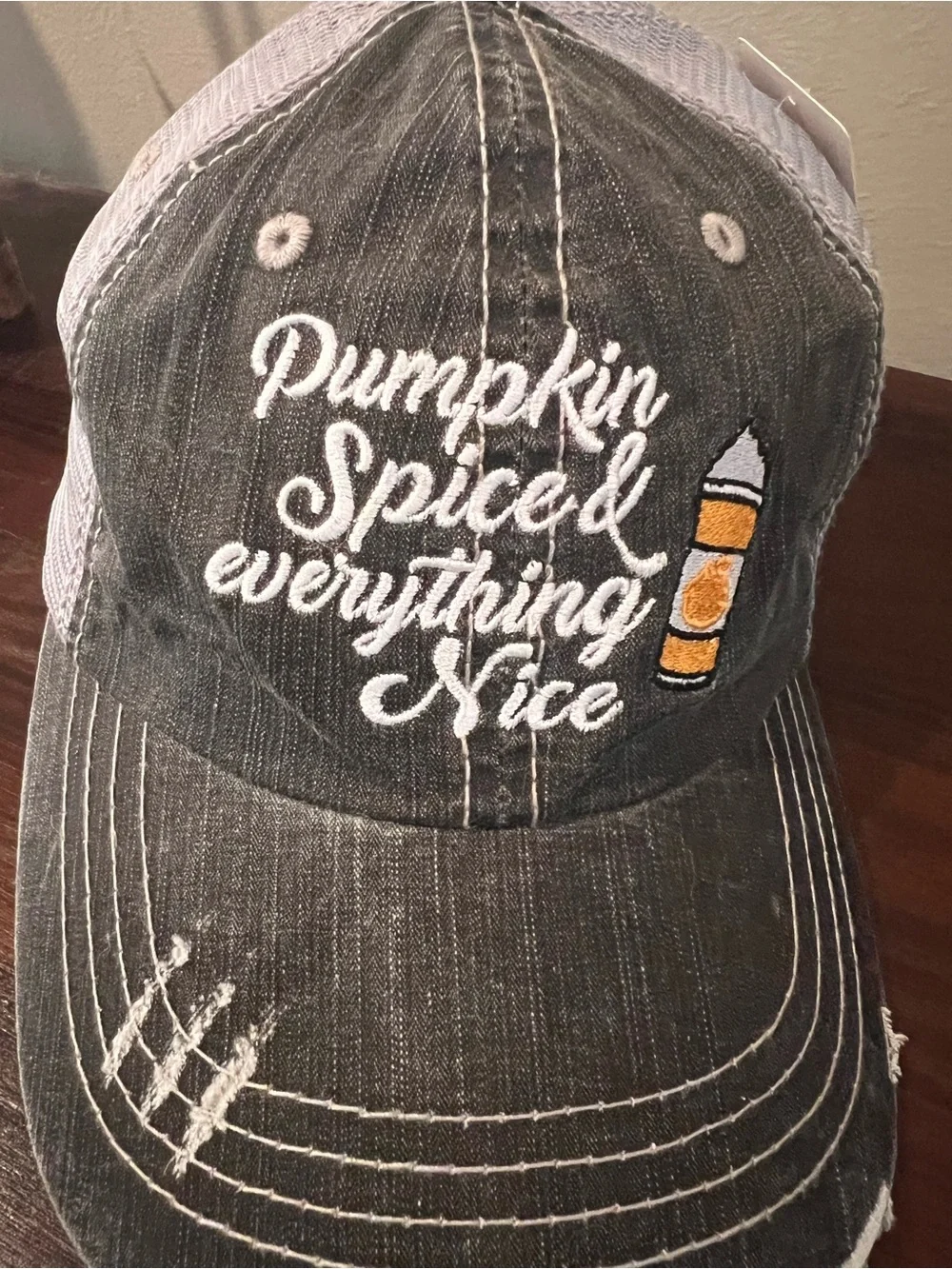 Pumpkin Spiced Everything Nice Distressed Trucker Hat NWT KatyDid